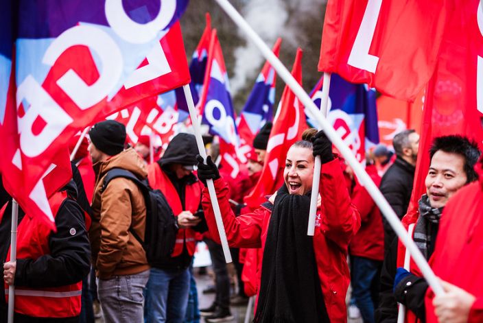 Demonstrators during the IndustriAll Europe demonstration in Brussels on 5 February 2025